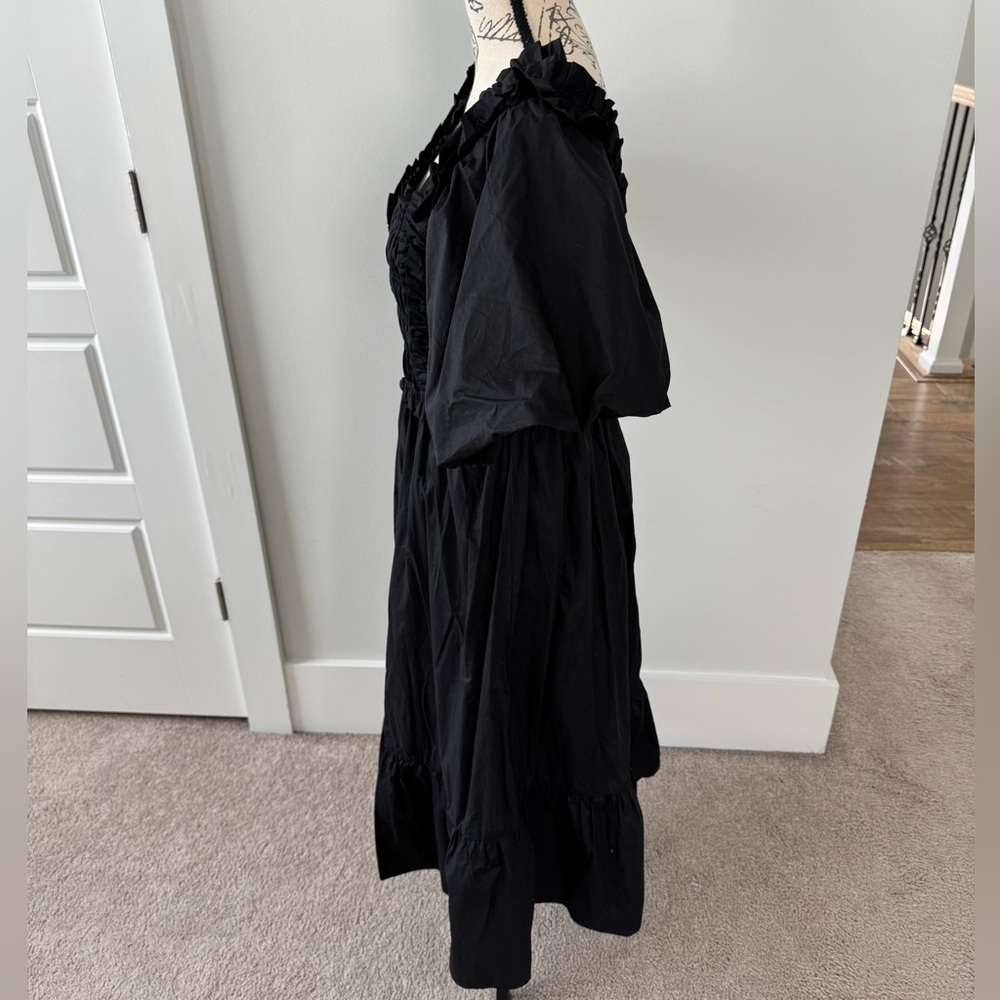 NWT English Factory Puff Sleeve Square Neck Smocked Midi Dress Black Size L - Picture 6 of 15